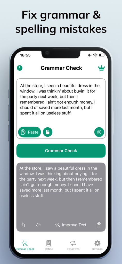 Grammar Check Corrector AI - iPhone screen displaying the Grammar Check AI app correcting spelling and grammatical errors in a text snippet