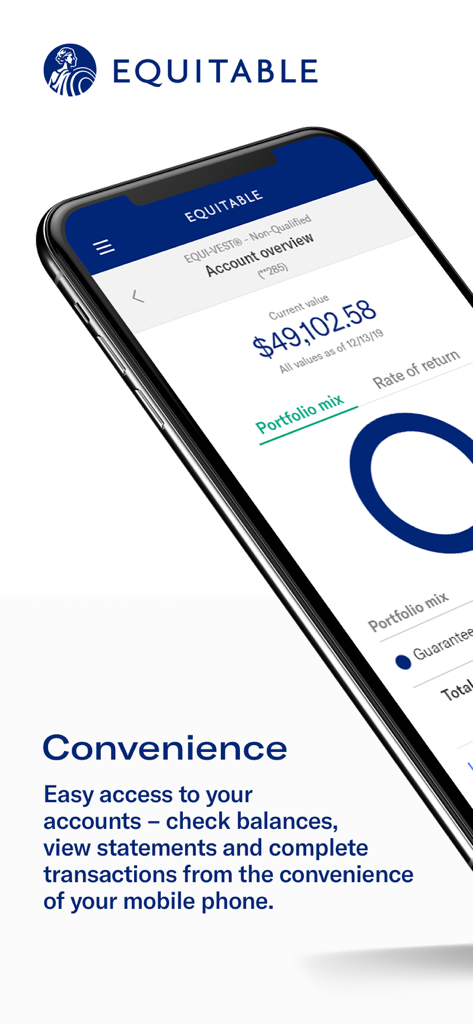 Screenshot of the Equitable Mobile App showing an account balance overview and portfolio mix chart on a smartphone.