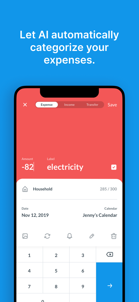 Dollarbird - Budget Calendar - Dollarbird app interface showing an expense entry for an electricity bill with AI categorization feature