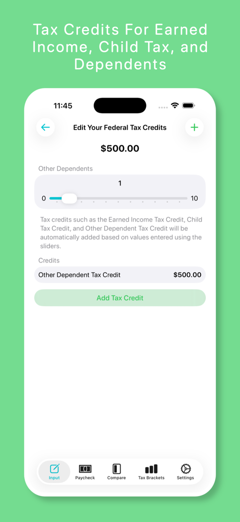 My Paycheck Calculator - Interface of the My Paycheck Calculator app showing the federal tax credits editing screen with a slider for adding dependents.