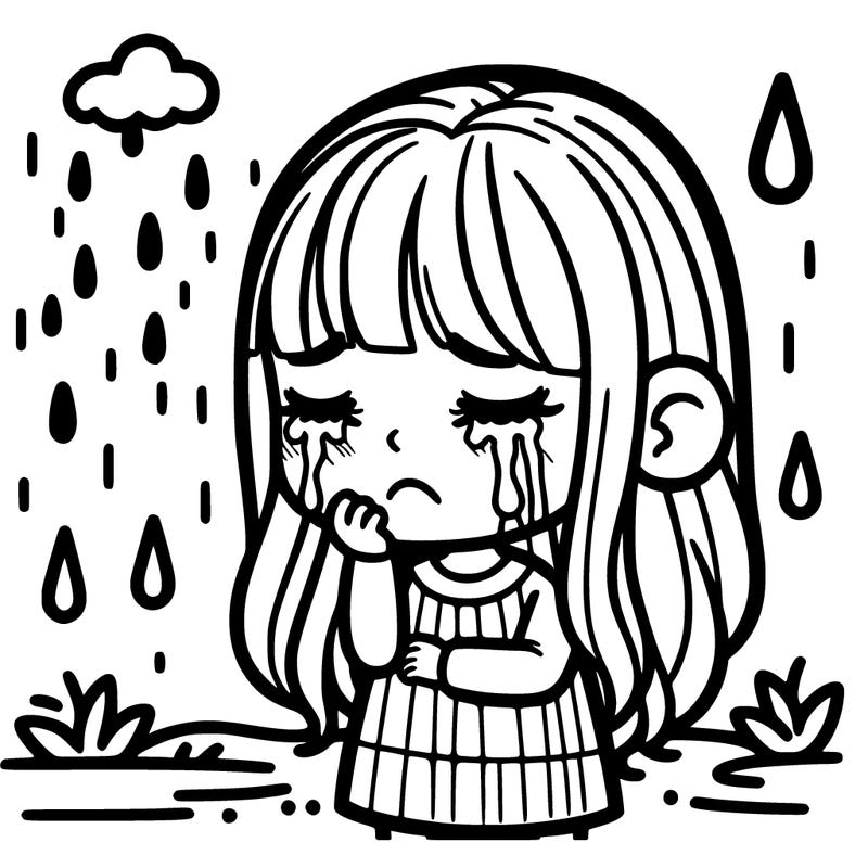 crying girl and it is raining outside realistic