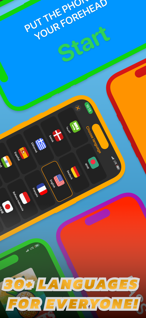 Who Am I? - Guess The Word! - Una pantalla que muestra más de 30 opciones de idioma y banderas para el juego de fiesta ¿Quién Soy? Adivina la Palabra.