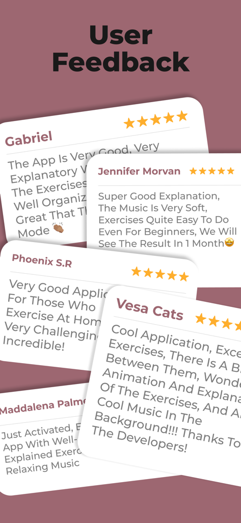 Positive user feedback and five star reviews for the Face Yoga Exercises app