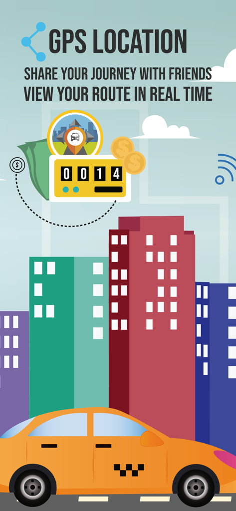 Ilustración de un taxi naranja en una ciudad con texto resaltando las funciones de visualización de rutas en tiempo real y de compartir el viaje.