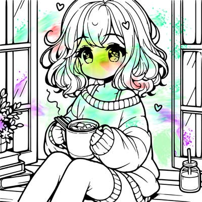 cute anime girl reading book and drinking hot chocolate from mug with loose wavy hair wearing a baggy sweatshirt and shorts sitting by windowsill looking out