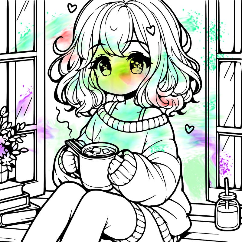cute anime girl reading book and drinking hot chocolate from mug with loose wavy hair wearing a baggy sweatshirt and shorts sitting by windowsill looking out