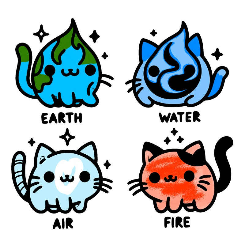 4 cats that represent the different elements, earth, water, air, and fire