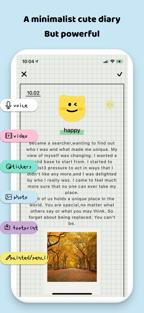 EMMO - 日记与笔记 - Interface of EMMO diary app showing a personalized journal entry with mood icons and polaroid photos