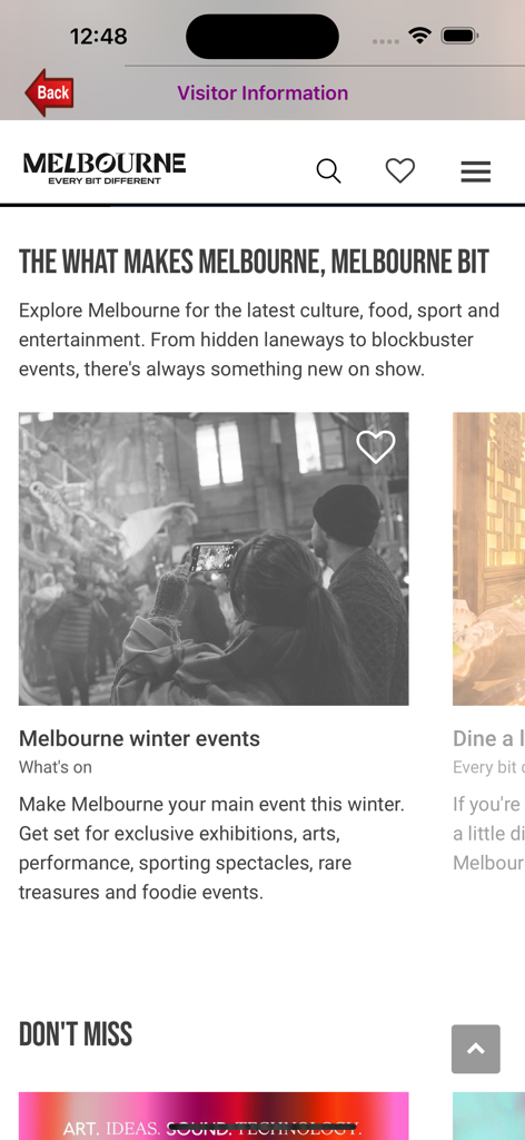 Melbourne App-Bildschirm mit Besucherinformationen und Winterveranstaltungen.