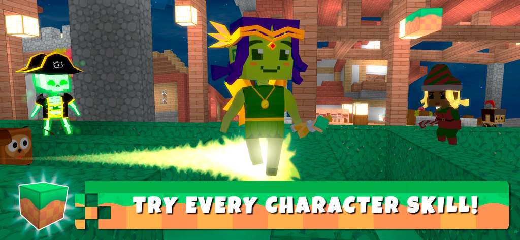 Blocky characters in a voxel world demonstrating unique skills in Crafty Lands