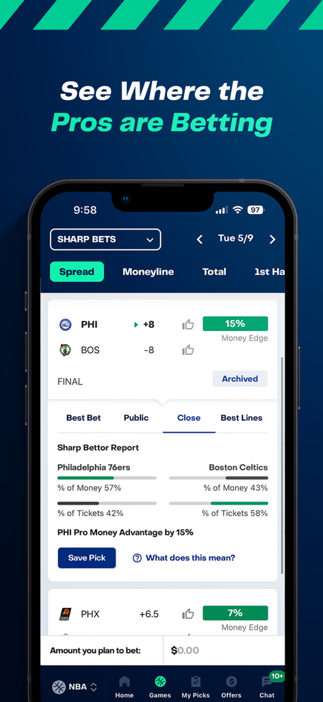 BetQL - Sports Betting - BetQL mobile app interface showing a sharp bettor report with money and ticket percentages for an NBA game