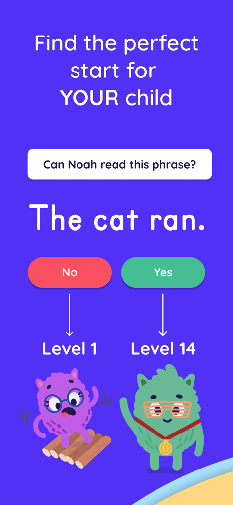 Reading level assessment interface in the Learn to Read app showing a phrase for the child to read