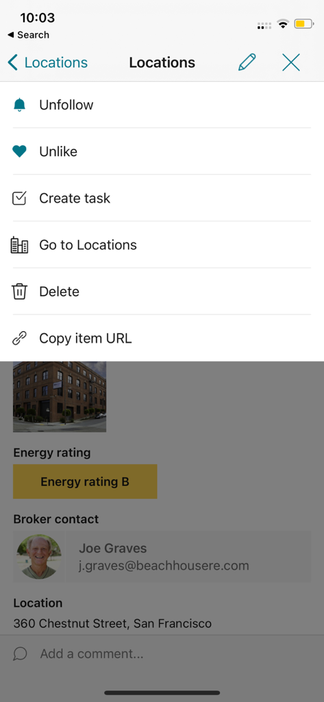 Interfaz móvil de CRM inmobiliario de Podio que muestra detalles de la propiedad y contacto del agente