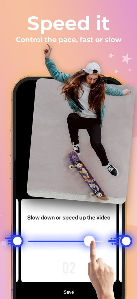 Interface do aplicativo Boomerang Video Maker mostrando o recurso de ajuste de velocidade de vídeo com uma pessoa andando de skate.