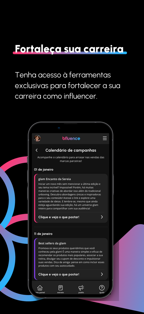 bfluence - Un smartphone que muestra la interfaz del calendario de campañas de la aplicación bfluence para que los influencers digitales gestionen colaboraciones con marcas