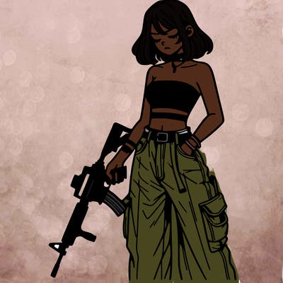 a dangerous girlcrop top and baggy jeans with a rifle in her hand