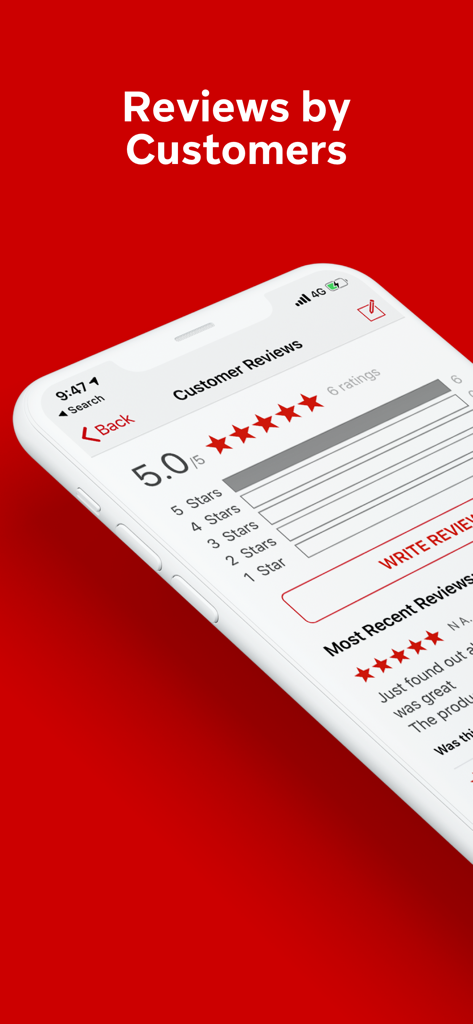 Um smartphone mostrando a página de avaliações e classificações de clientes no aplicativo de compras The Warehouse com uma classificação de cinco estrelas.