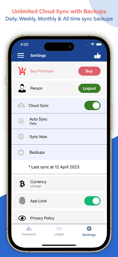 Ledger Book Expense Manager - Tela de configurações do Ledger Book Expense Manager mostrando opções de sincronização e backup na nuvem para dados financeiros seguros.