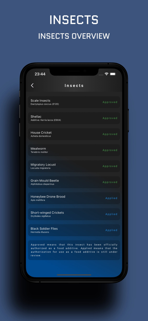 Insect Food Scanner - Bildschirm der mobilen App, der eine Liste zugelassener und angewendeter Inhaltsstoffe für Lebensmittelprodukte zeigt