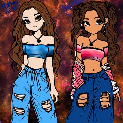 2 girls in crop tops and baggy jeans ripped