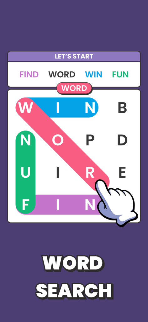 Interfaz de un rompecabezas de sopa de letras de la aplicación Offline Games que muestra la palabra 'word' seleccionada en diagonal.