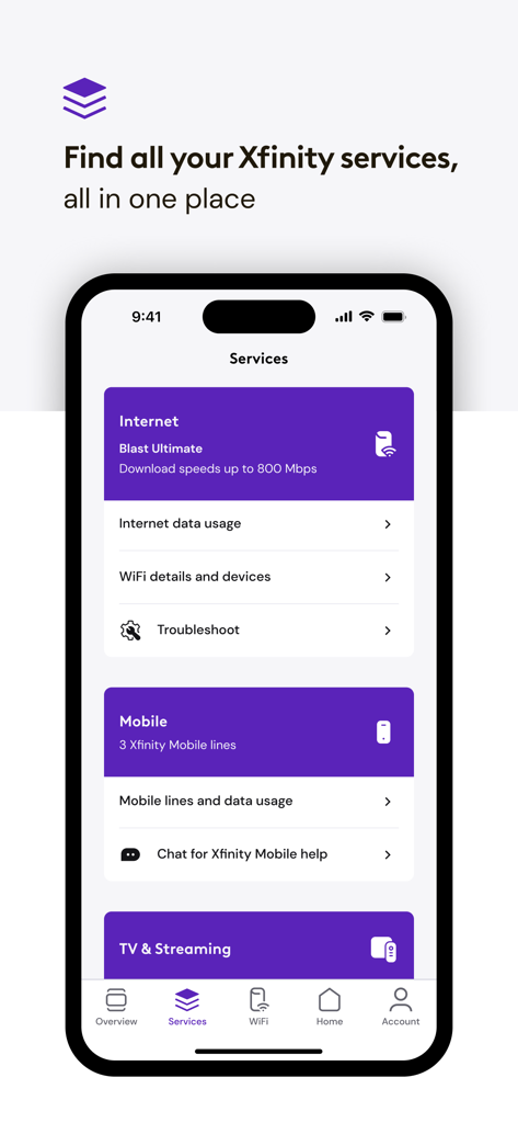 Benutzeroberfläche der Xfinity-App mit dem Dienste-Bildschirm und Optionen für die Internet-, Mobilfunk- und TV-Verwaltung.