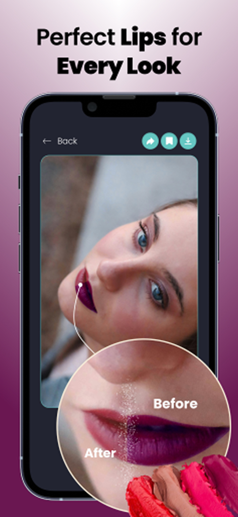Transformación del color de labios con IA en la aplicación Face Magic, mostrando resultados de antes y después