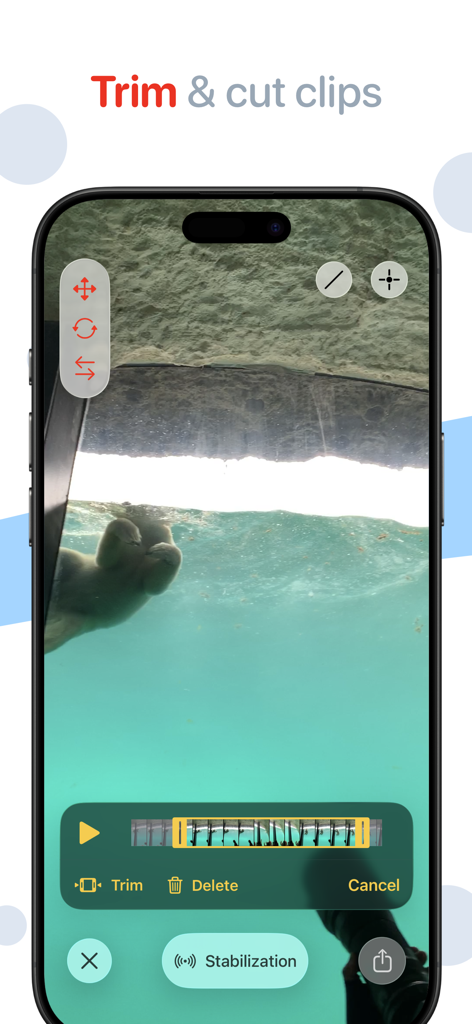 Emulsio 5 › Video Enhancer - User interface of Emulsio 5 app demonstrating how to trim and cut video clips on an iPhone.