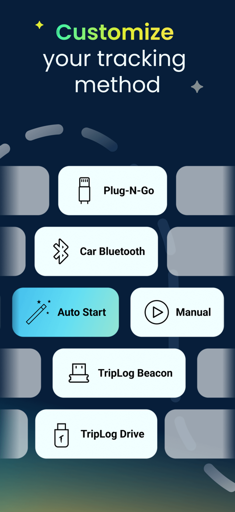 Mileage Tracker App by TripLog - Display of various mileage tracking options in the TripLog app including Bluetooth Auto Start and manual modes