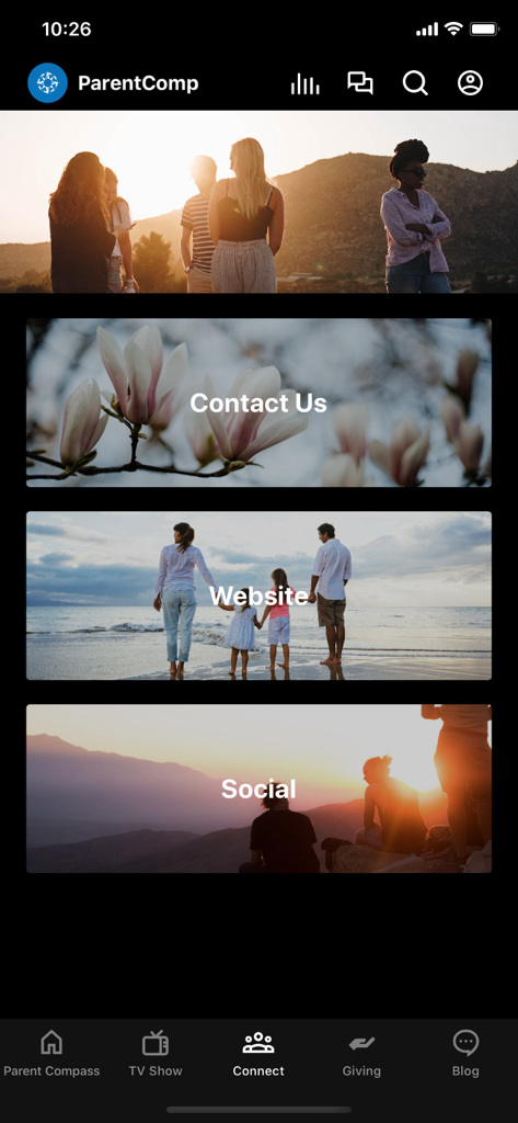 Parent Compass App - The connect screen of the Parent Compass app featuring buttons for Contact Us Website and Social links with family-oriented imagery