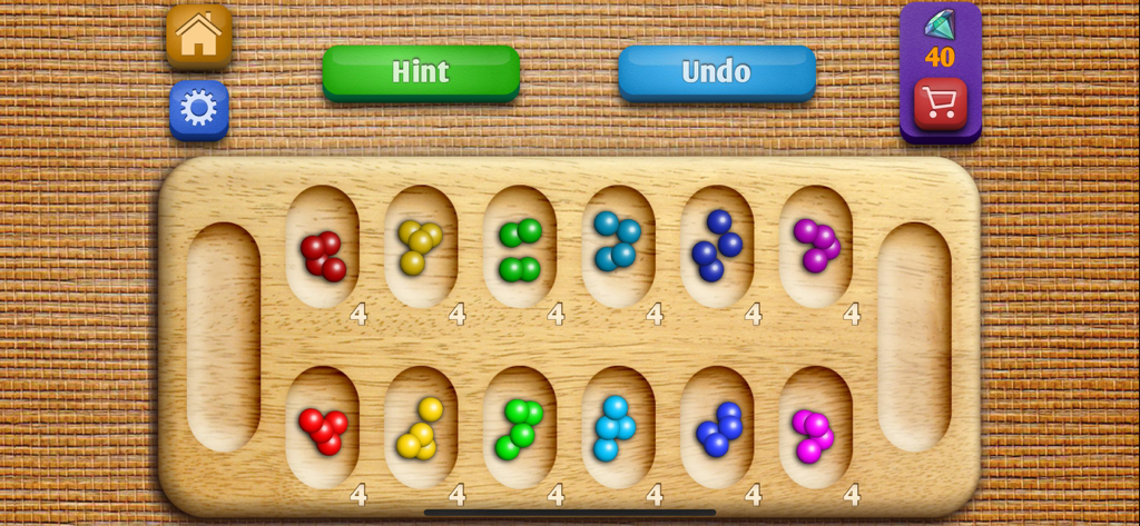 Un tablero digital de Mancala con canicas coloridas en hoyos de madera con controles de juego 'Pista' y 'Deshacer'