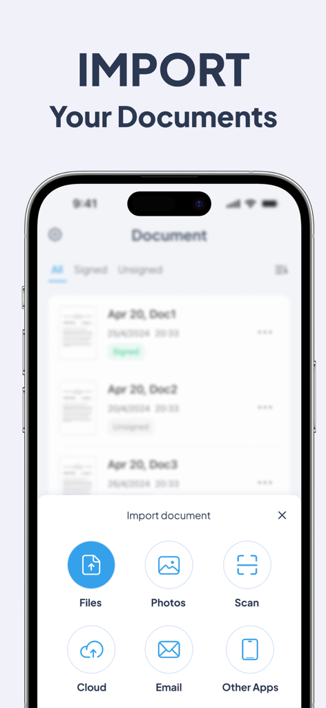 Schermata dell'app mobile che mostra varie opzioni di importazione documenti, tra cui file, foto, scansione e archiviazione cloud per la firma digitale.