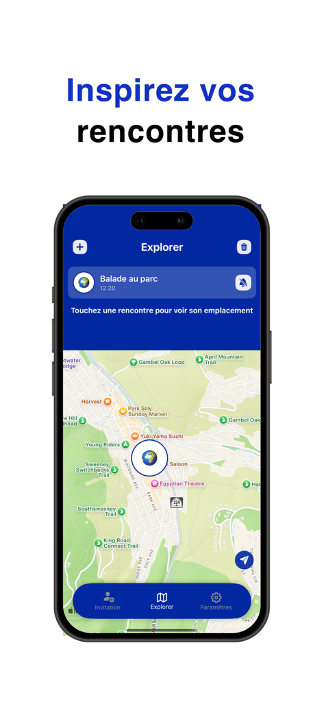 JeContacte Connect - JeContacte Connect app explorer interface featuring a map for locating social meetups