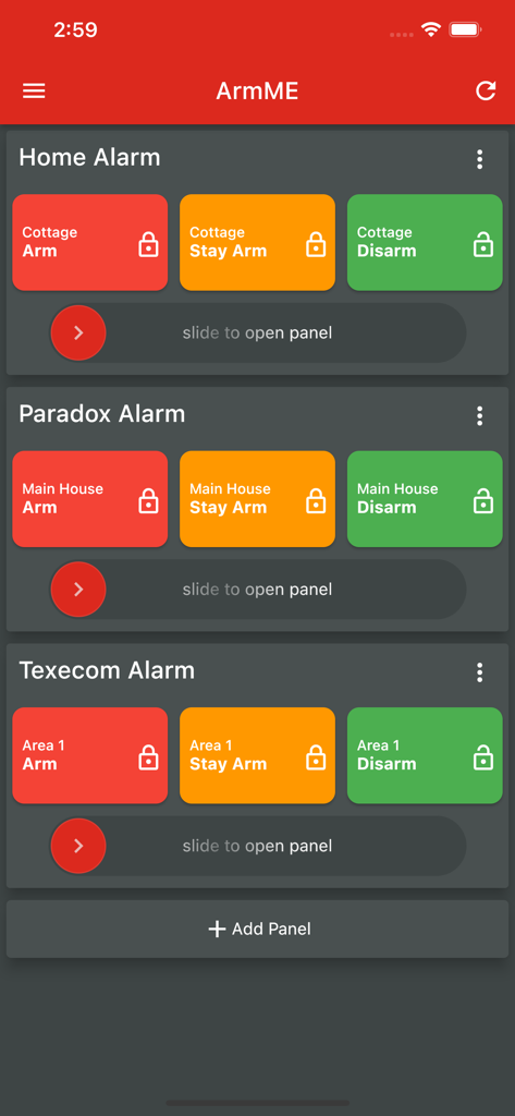 ArmME Security App - Interface de l'application de sécurité ArmME montrant les boutons d'armement et de désarmement pour diverses zones d'alarme