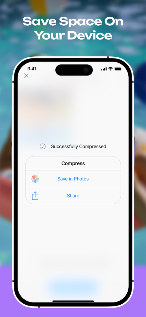 Photo & Video Compressor App - Mobile app interface showing a successfully compressed photo message with options to save or share.