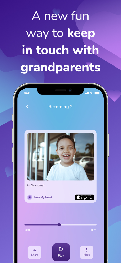 iPhone screen showing a heartbeat recording with a child's photo and a message to grandma