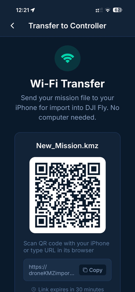 Mission Planner for DJI Drones - Interface showing the Wi-Fi transfer feature with a QR code to send a drone mission file to another device