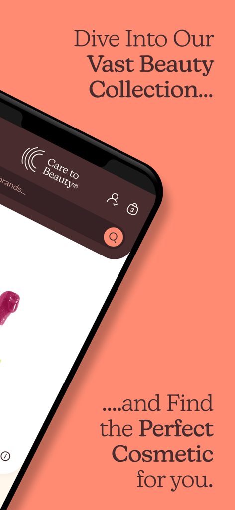 Écran de smartphone montrant la collection cosmétique de l'application Care To Beauty