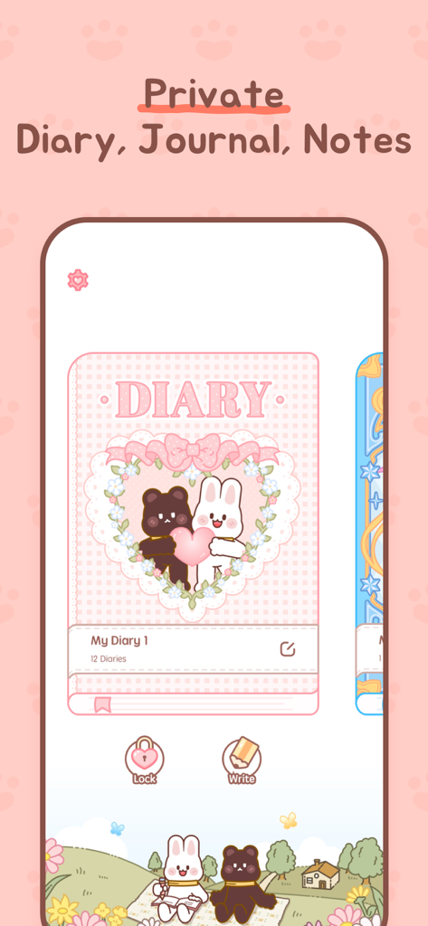 My Diary With Lock - Pantalla de inicio de aplicación de diario privado rosa lindo con personajes de dibujos animados e icono de candado