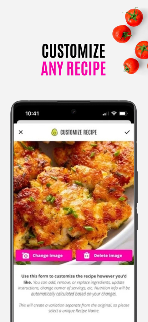 Smartphone exibindo a tela de personalização de receitas do aplicativo Wholesome Yum com uma opção para alterar a imagem e os ingredientes do prato.