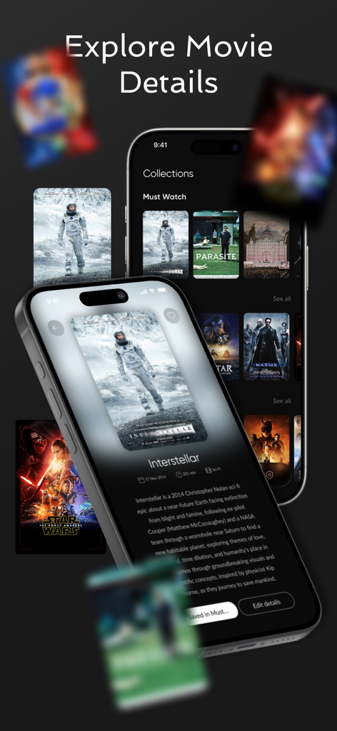 La aplicación MegaFlix TV muestra información detallada de la película Interstellar en un iPhone.