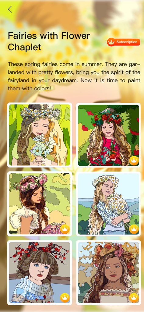 A selection of coloring pages featuring girls wearing flower chaplets in the Color Master app