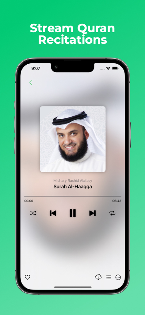 Nasheedify - 수라 알하까를 특징으로 하는 Nasheedify 앱의 꾸란 암송 플레이어를 보여주는 스마트폰 화면.
