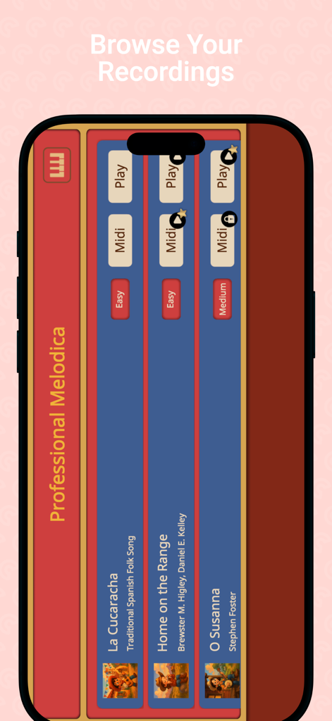 Professional Melodica - A list of musical recordings within the Professional Melodica app interface showing song titles like La Cucaracha and Home on the Range