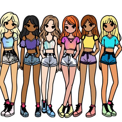 a group of girls wearing crop tops and shorts