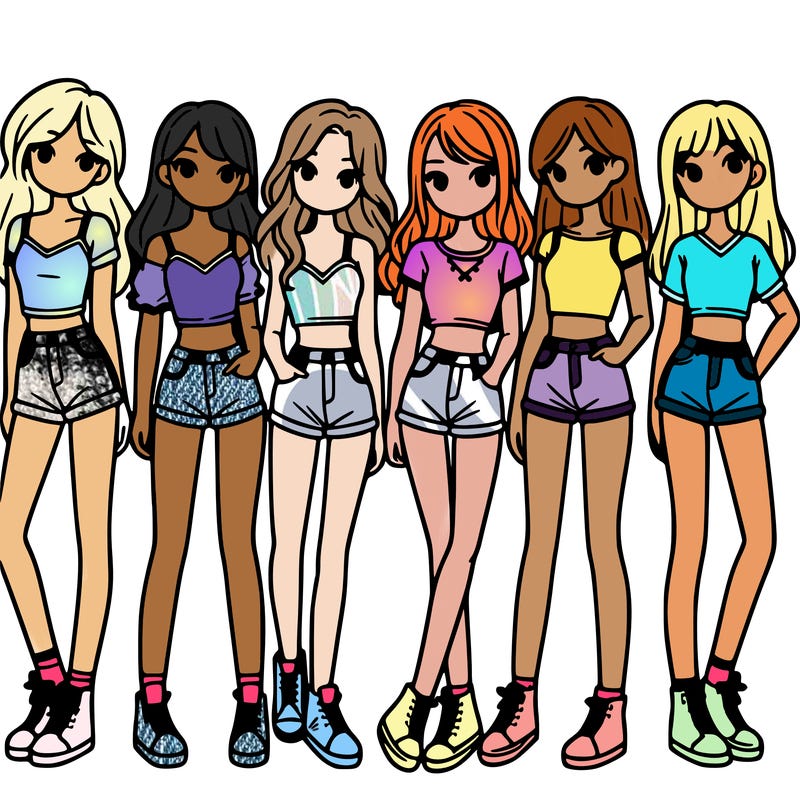 a group of girls wearing crop tops and shorts