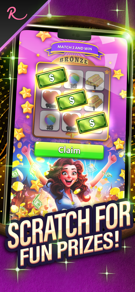 Match To Win: Real Money Games - Donna che festeggia la vincita di premi in denaro su un gratta e vinci digitale