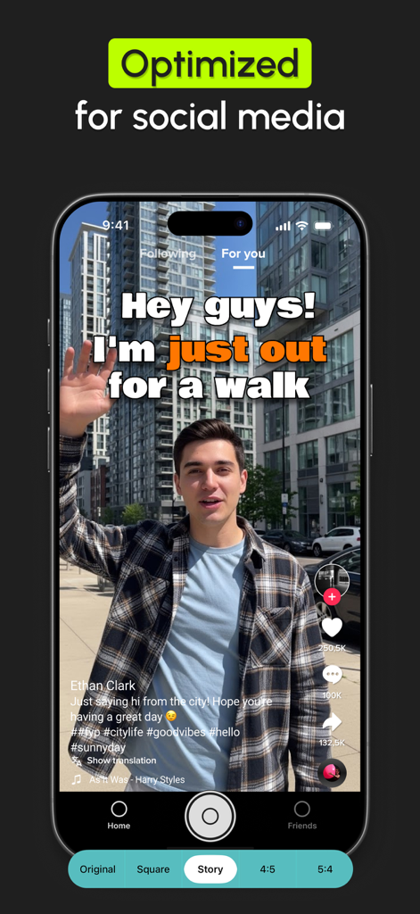 AutoCap: Auto Video Captions - A smartphone display showing a video with automatic captions optimized for social media stories