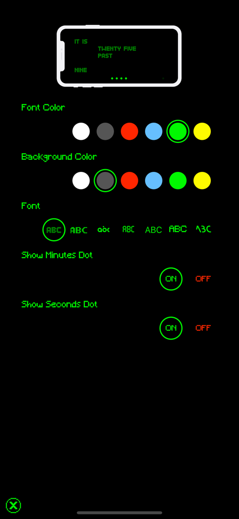 Pixel Clock - Retro Style - Settings screen of Pixel Clock app featuring color and font customization options for a retro digital look