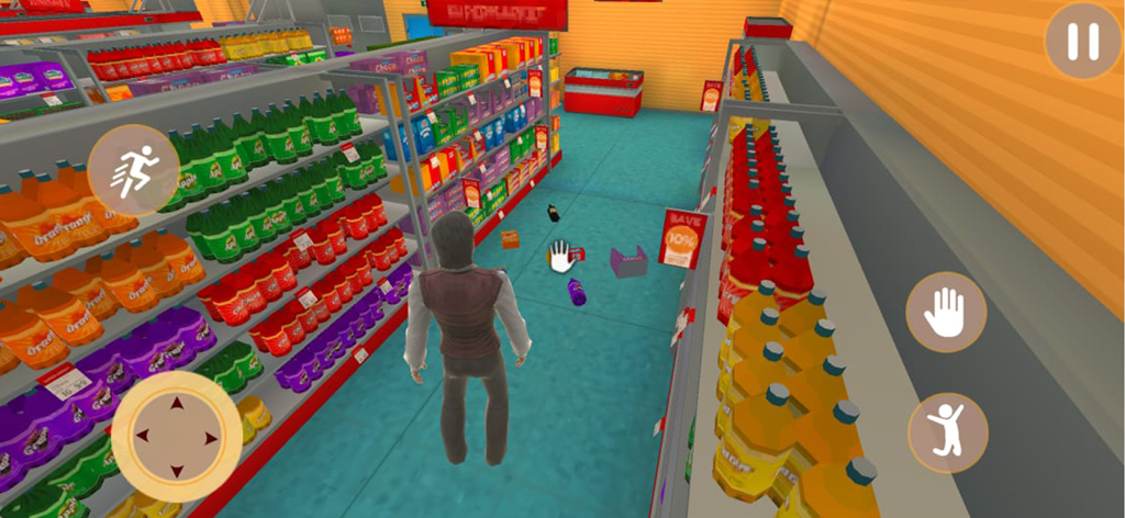 Supermarket Simulator Games 24 - Vista en tercera persona de un personaje navegando por un pasillo de supermercado con estantes surtidos en un juego de simulación 3D